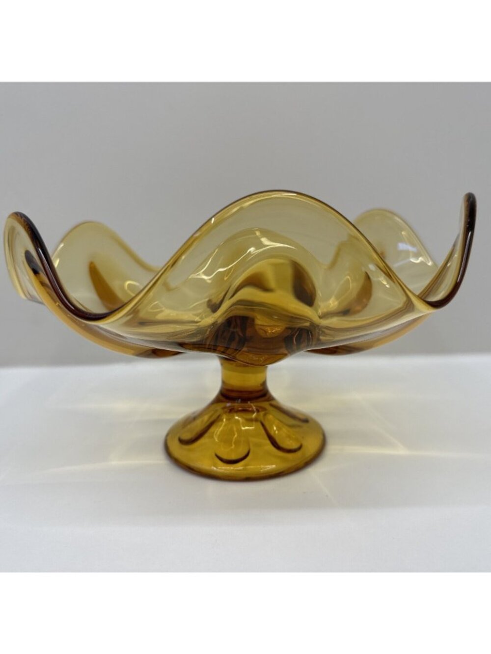 Amber Pedestal Glass Bowl Wavy Rim 11" Diameter Vintage Art Glass Centerpiece - Picture 4 of 7